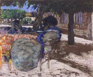 Under trærne i den røde paviljongen, 1905–07 (olje på lerret) av Edouard Vuillard