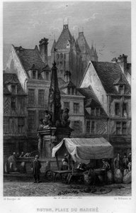 Place du Marche i byen Noyon, Oise, Picardie, Frankrike. Gravering av Willmann i "Ancient and Modern France"" av Jean-Bernard Mary-Lafon (Jean Bernard Mary Lafon)