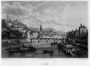 Utsikt over byen Lyon, Rhone-avdelingen, Rhone-Alpes-regionen, Frankrike. Gravering av Willmann i "La France ancienne et moderne"" av Jean-Bernard Mary-Lafon (Jean Bernard Mary Lafon)