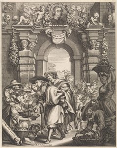 To herrer kjøper sopp på markedet Tittelillustrasjon for: F. van Sterbeeck, Theatrum Fungorum oft het tooneel der Campernoelien, 1675 av Edouard van Ordonie