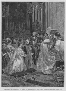 Religiøs seremoni for bryllupet til Ferdinand II med Maria Cristina av Savoy (gravering) av Edouardo Matania