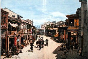 En gate i Hong Kong på midten av det nittende århundre (farge litho) av Eduard (after) Hildebrandt