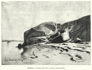 Nilens bredder nær Kom Ombo, Egypt (litho) av Eduard (after) Hildebrandt