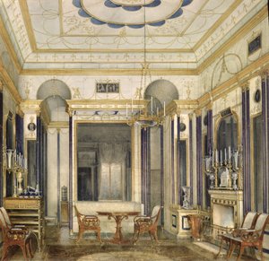 Salongen til keiserinne Maria Alexandrovna i det store palasset i Tsarskoye Selo (wc, gouache og blekk på papir) av Eduard Hau