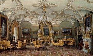 Utsikt over salongen til Alexandra Fyodorovna (Fedorovna eller Feodorovna eller Charlotte av Preussen (1798-1860)), kone til tsar Nicholas I ved Gatchina-palasset. Akvarell tilskrevet Eduard (Edouard) Hau (1807-1870) St. Petersburg fra 1800-tallet, Hermita av Eduard Hau