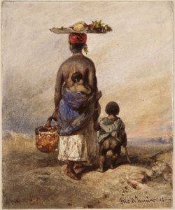 En afro-brasiliansk kvinne sett bakfra, sammen med to små barn av Eduard Hildebrandt