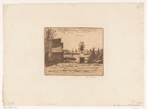 Gårdstun med låve og høyskår Gård (tittel på objekt) av Eduard Karsen (signed by artist)