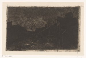 Landskap med hus og mølle om natten av Eduard Karsen (signed by artist)