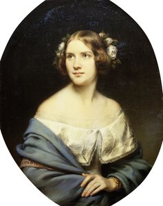 Portrett av Jenny Lind, stående halvlengs i en hvit kjole og et lyseblått sjal,