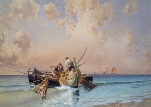 Tilbake fra fiske, av Eduardo Dalbono (1841-1915), olje på lerret, 53x73 cm