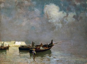 Marina med fiskere, av Eduardo Dalbono (1841-1915), olje på lerret, 34x45 cm