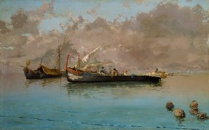 Marina med fiskebåter, av Eduardo Dalbono (1841-1915), olje på lerret, 64,5x104,5 cm