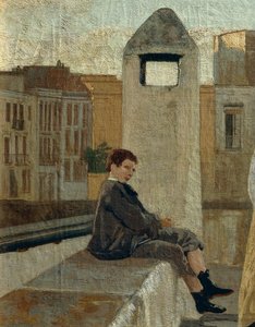 Terrassen, av Edoardo Dalbono (1841-1915), olje på panel, 45x30 cm. Detalj.