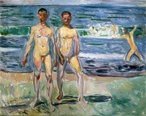 Badende Maleri av Edvard Munch (1863-1944) 1940-1942 Søn. 149,5x120 cm Wien, Kunsthistorisches Museum, Nue Gallery in der Stallburg av Edvard Munch