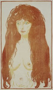 Naken kvinne med rødt hår og grønne øyne stående naken med rødt hår, ca. 1901 av Edvard Munch