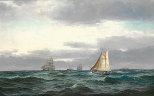 Marine med flere skip, grå regntunge skyer og litt blå himmel av Edvard Skari