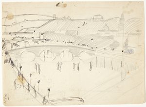 Utsikt fra et vindu ved Lungarno over elven mot Santo Spirito og San Miniato-åsene, Firenze av Edvard Weie