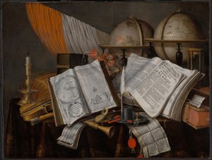 Et Vanitas-stilleben med flagg, lysestake, musikkinstrumenter, bøker, skriveutstyr, jordkloder og timeglass av Edwaert Collier