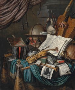 En globus, en kiste med juveler og medaljonger, bøker, en smykke, en sekkepipe, en lutt, en fiolin, en oppovervendt sølvtazza og roemer, et nautilusskall, en blokkfløyte, en shawm, et trykk med et selvportrett av artisten og et partitur på et drapert bord,