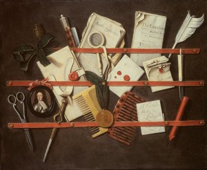 Trompe loeil brevstativ med et miniatyrportrett av en ung mann i rustning, 1697 (panel) av Edwaert Colyer or Collier