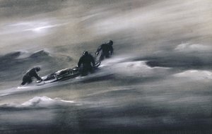 Tre menn med en slede i snøen, 1910-12