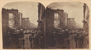 Broadway in the Rain, sannsynligvis hentet fra 308 eller 310 Broadway, New York City, ca. 1860-årene.