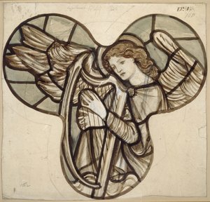 Design for glassmalerier i Lyndhurst Church: An Angel Harpist, 1862 (brun og blå vasker over grafitt) av Edward Burne Jones