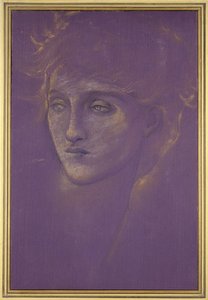 Head of a Woman, 1890-tallet (gullmaling på lilla grunn) av Edward Burne Jones