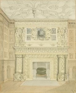 Chimneypiece, Great Oak Room, Red Lodge (blyant og akvarell på papir) av Edward Cashin