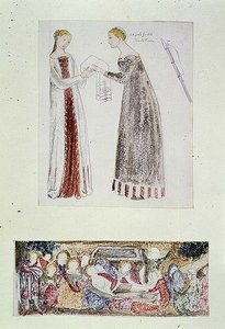 No.1084-f.10 (TtoB) Two Maids, en kopi fra The Birth of Mary av Giovanni da Milano fra Rinuccini-kapellet, Firenze; The Lamentation (akvarell, blyant) av Edward Coley Burne Jones