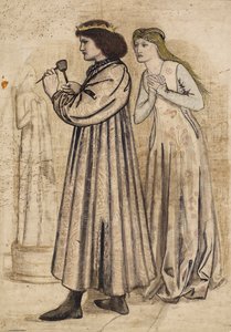 Scene av kong Rene som skulpturerer en figur mens han blir overvåket av sin nye brud (penn og indisk blekk med vask og blyant på papir) av Edward Coley Burne Jones