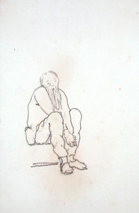 Selvportrett av kunstneren, sittende, med hendene mellom knærne, fra et album med tegninger (blyant på papir) av Edward Coley Burne Jones