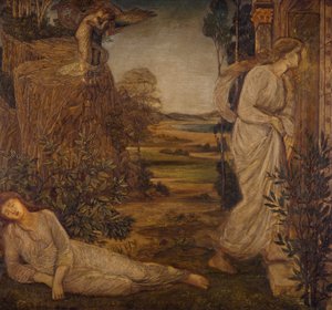 Amor og psyke - Palace Green veggmalerier - Zephyrus bærer Psyche til fjellet, 1881 av Edward Burne Jones