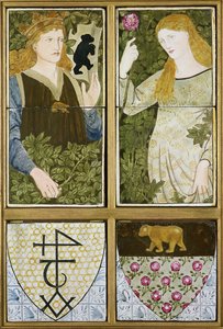 King Arthur and Queen Guinevere, Six Tile Panel produsert av Morris, Marshall, Faulkner & Co. (keramikk) av Edward Burne Jones