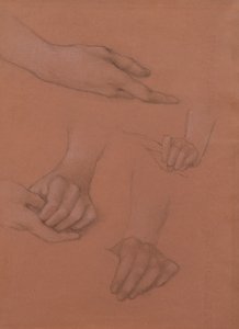 Studies of Hands for the Portrait of Mary Gaskell (svart-hvitt kritt på papir) av Edward Burne Jones