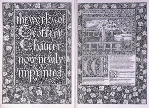 Tittelside og åpningsside fra Kelmscott Press-utgaven av "The Works of Geoffrey Chaucer", 1896 av Edward Burne Jones