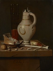 Stilleben med røykeredskaper og ølkrus, 1664