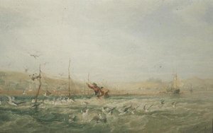 Fiskere som jager måker fra nettene, Mumbles, Sør-Wales av Edward Duncan