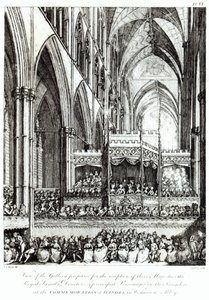Utsikt over galleriet forberedt for mottakelsen av deres majesteter, kongefamilien, direktører og hovedpersonligheter i kongeriket ved markeringen av Handel i Westminster Abbey, gravert av Joh av Edward Francis Burney