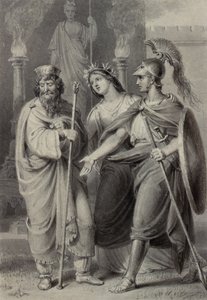 Kriger akkompagnert av en kvinne som henvender seg til en prest i et tempelområde av Edward Francis Burney