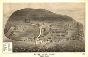 Ikke tegnet i målestokk. LC Civil War Maps (2. utgave), 320 Perspektivtegning som viser festningsverk, fengsel, bygninger og vegetasjon. Hovedbygg er tastet med nummer til en liste i nedre venstre hjørne. Beskrivelse hentet fra publisert bibliografi av Edward Gould