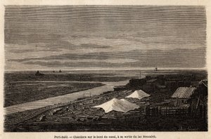 Port Said-verft, på kanten av Suez-kanalen, ved utgangen fra Lake Menzaleh, tegnet av Grenet, for å illustrere en utflukt til Suez-kanalen, i 1862, av Paul Merruau. Gravering i "" Le tour du monde"", redigert av Edouard Charton av Edward Grenet