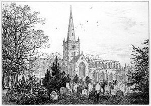 Stratford kirke sett fra nord, Stratford-upon-Avon, Warwickshire, 1885. av Edward Hull