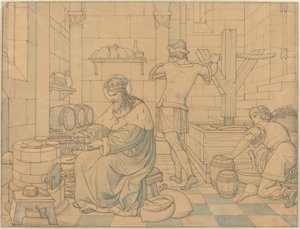 Saint Wenzel Cooking Hosts as Two Youths Press Wine av Edward Jakob von Steinle