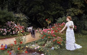 Ankomsten, 1878. En elegant kvinne i en hvit kjole plukker blomster (roser) i en hage. Hunder ankommer i nærheten av henne og signaliserer noens ankomst. Maleri av Edward Killingworth Johnson (britisk 1825–1896). Prerafaelittisk