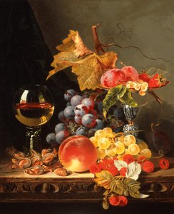 Druer, plommer, hvite rips, jordbær med vin på en trehylle (olje på lerret)