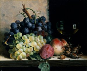 Stilleben med frukt og et glass vin. Maleri av Edward Ladell (1821–1886). Privat samling.