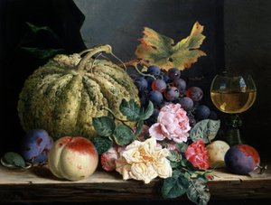 Stilleben av blomster og frukt. Maleri av Edward Ladell (1821–1886). Privat samling.