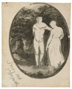 Et par i et skogslandskap satt i en oval (verso), ca. 1838-1848 (blekk og vask på lagt papir) av Edward Lear