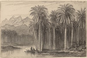 Figurer som setter ut i kanoer fra en palmelund Wady Feiran, 18841885. av Edward Lear